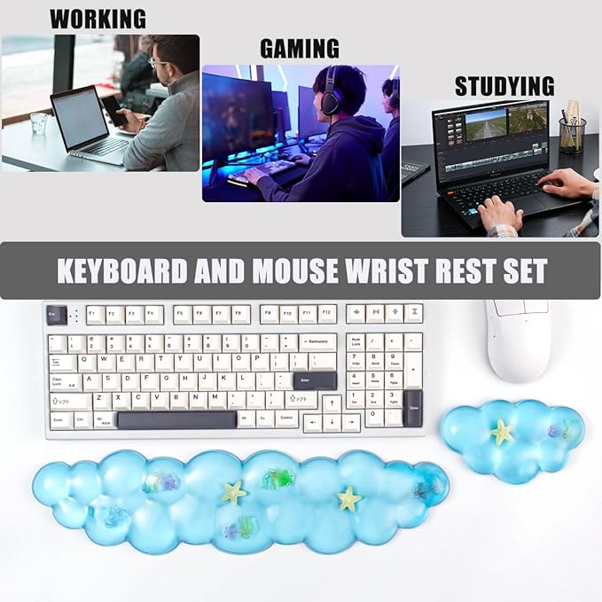 Gel Keyboard and Mouse Wrist Rest Set – Clear Blue Cloud Wrist Rest for Computer Keyboard 60%/68%/75%, Comfort & Support for Typing and Gaming