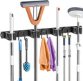 Broom Holder Wall Mount, Stainless Steel Mop Hanger with 4 Slots 6 Hooks, Tool Storage Wall Organizer for Kitchen Garden Garage Laundry Room Bathroom and RV, Black 1-Pack