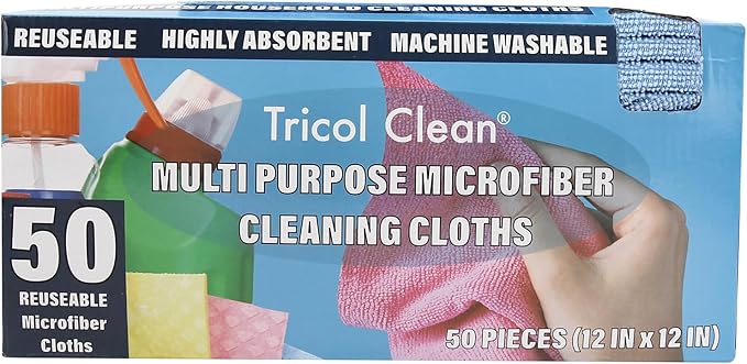 Tricol Clean Profesional Resuable Lint Free Microfiber Edgeless Cleaning Cloth 50PK Cleaning Rags,Absorbent Microfiber Wipes in Dispenser Box for Housekeeping, Car Cleaning (12 * 12 Inches) (blue1)
