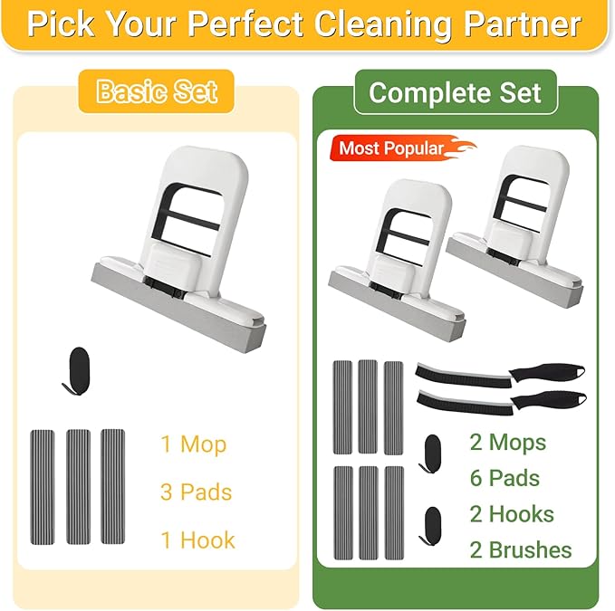 Mini Mop for Small Spaces, Foldable Self-Squeeze & Self-Wringing Wet Dry Sponge Mop, Portable Black Cleaning Small Mop for Desktop, Kitchen Counter, Bathroom Tile, Glass – with 3 Pads & 1 Hook