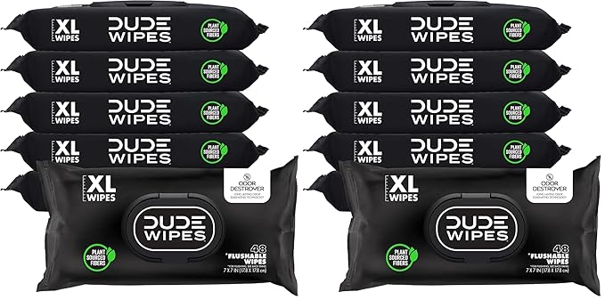 DUDE Wipes - Flushable Wipes for Adults -, Odor Destroyer XL - Deodorizing with Clean Scent - Up to 24 Hours of Odor-Destroying Technology,48 Count (Pack of 12)