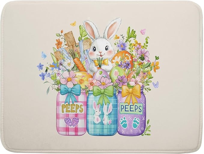 Easter Bunny Carrots Dish Drying Mat for Kitchen Counter,Spring Colorful Flowers Mason Jar Drying Mat 18 x 24 Inch with Absorbent Reversible Microfiber Drying Pad for Coffee Bar