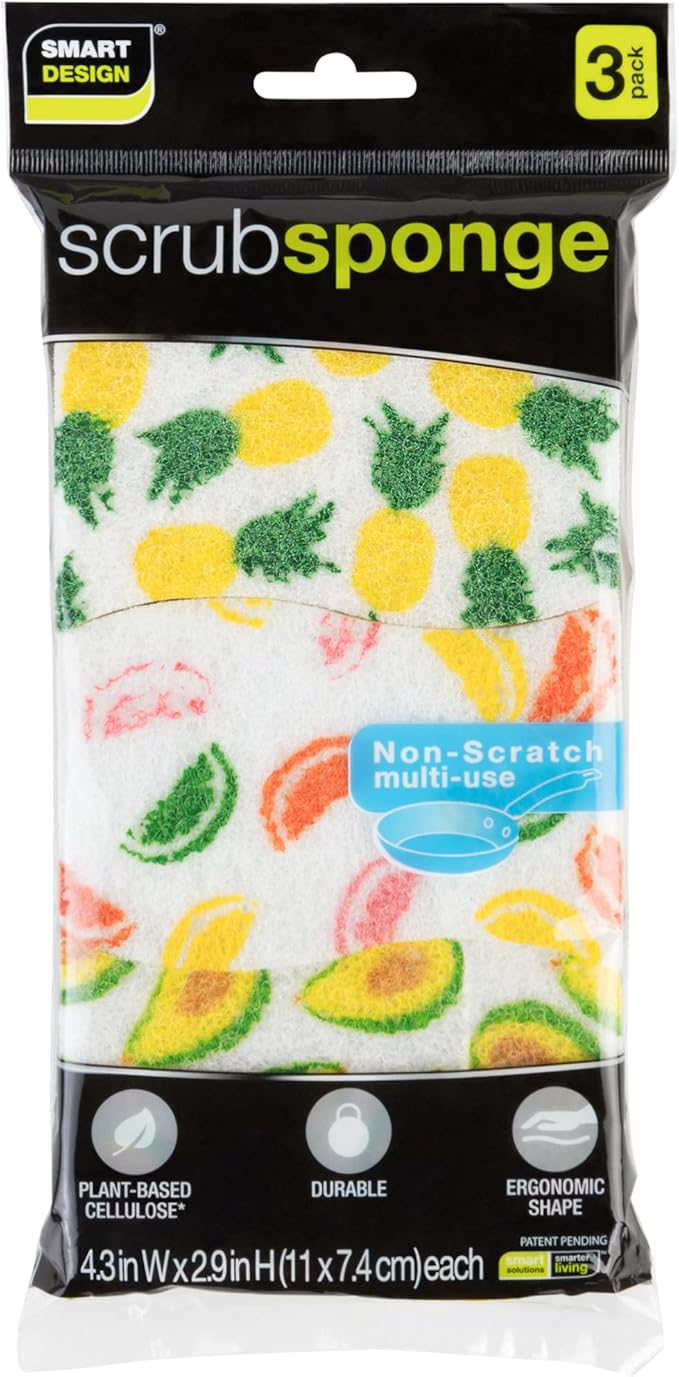 Smart Design Non-Scratch Cellulose Smart Scrub Sponge - Set of 9 - Ultra Absorbent - Ergonomic Shape - Cleaning, Dishes, & Hard Stains - Fruit Pattern - Orange, Green, Yellow