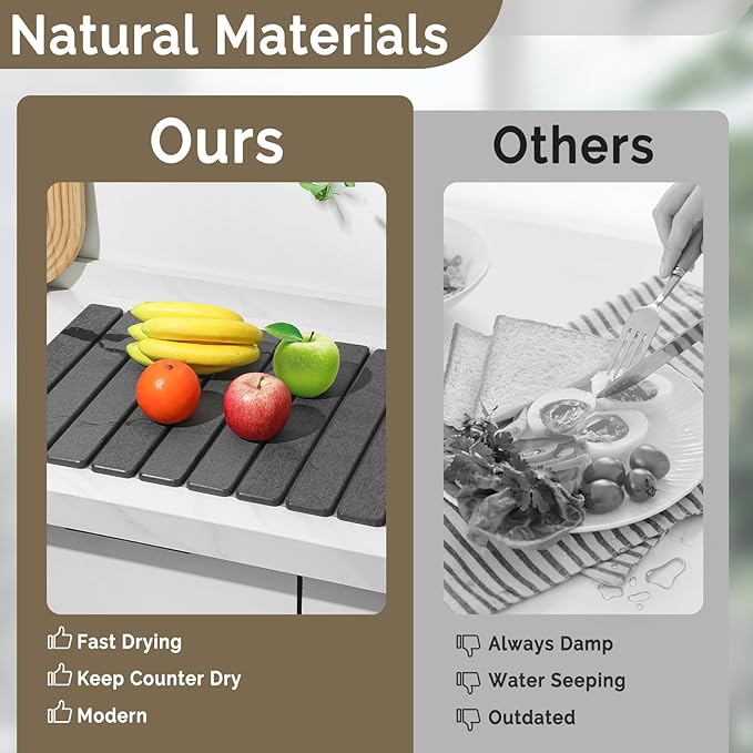 Large Stone Dish Drying Mat for Kitchen Counter, 2PCS Quick Dry Stone Dishes Mat,Foldable Water Absorbing Diatomaceous Drying Organizer Pad for Plate Rack Bottles Utensils(Dark Gray 24"×16" & 8"x4")