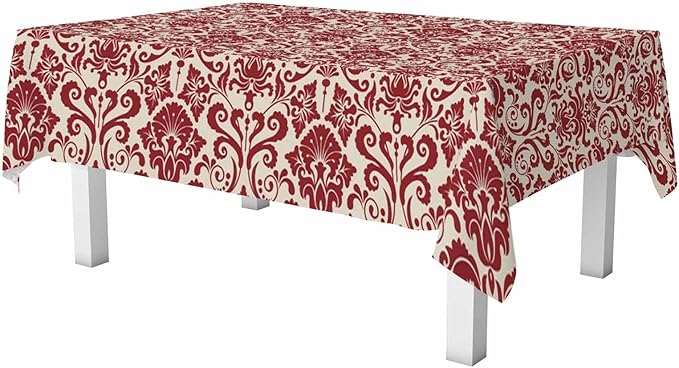 Vintage Damask Rectangular Tablecloth Red Floral 52x70 Table Cloth for Wedding Party Banquet,Dining Kitchen Rustic Table Cover