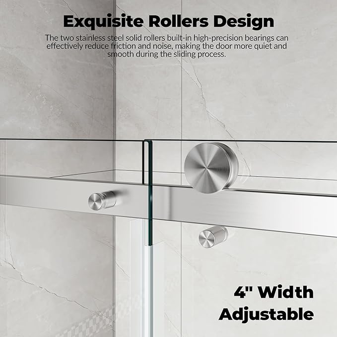 56-60" W x 76" h Frameless Sliding Shower Door – Waterproof Glass Shower Door-1/4 Tempered Clear Glass with Explosion-Proof Film, Brushed Nickel Handle & Seal Strip