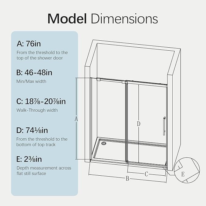 46-48" W x 76" H Frameless Sliding Shower Door, Bathroom Single Sliding Shower Doors with 5/16" (8mm) SGCC Tempered Glass and Stainless Steel Handle, Reversible Installation, Matte Black