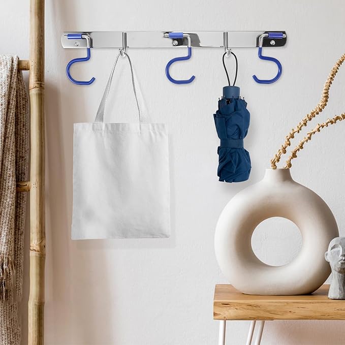 NUOBESTY Stainless Steel Wall Mounted Mop Holder and Towel Storage Hooks Set, 3 Mop Slots with 2 Utility Hooks, No-Drill Installation for Kitchen Bathroom Entryway Organization