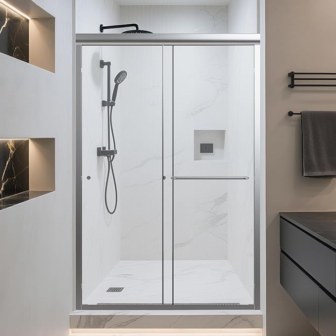 44-48" W x 72" H Bathroom Double Sliding Shower Door, Semi-Frameless Shower Glass Doors with 1/4" (6mm) Clear SGCC Tempered Glass and Stainless Steel Handles, Easy to Install, Chrome