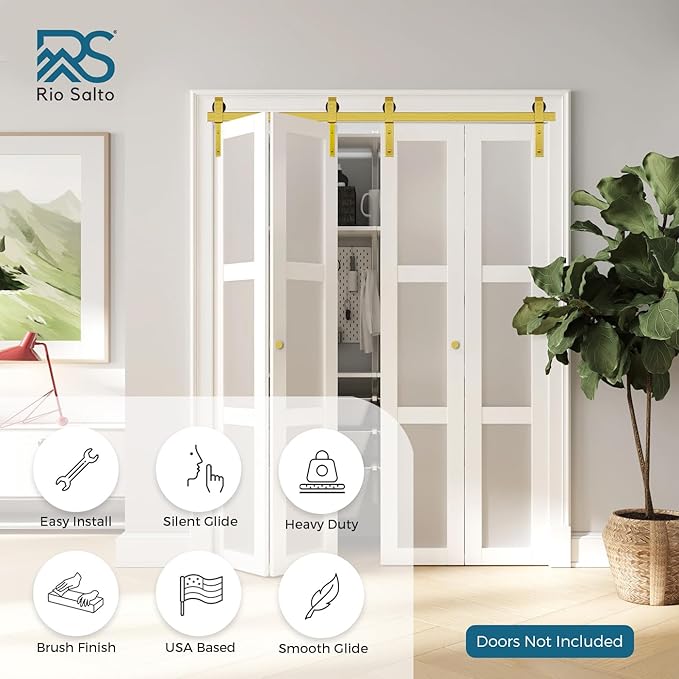 Rio Salto Gold Bifold Sliding Barn Door Hardware Kit Heavy Duty Metal Track System with Matching Knobs Gold Bi-Fold Barn Door Bifold Closet Doors, Bi-Folding 52" Track for 4 Doors, 4 Rollers No Door