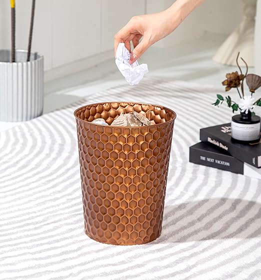 Small Metal Trash Can Wastebasket, Decorative Honeycomb Garbage Can Waste Basket, Modern Farmhouse Round Trash Bin for Bathroom, Bedroom, Kitchen and Office (Copper)