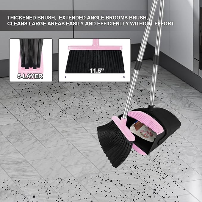 Pink Broom with Dustpan Combo Set, 51" Long Handle Household Kit for Home for Pet Hair