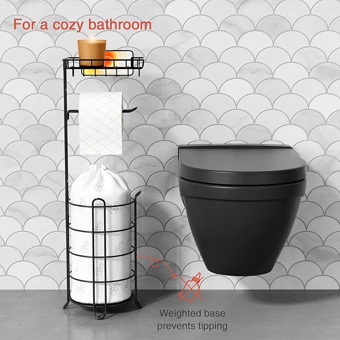 Matte Black Free Standing Toilet Paper Holder Stand with Shelf, Freestanding Bathroom Tissue Dispenser with Wipes Storage, Floor Toilet Paper Holder with Phone Tray for Large Mega Rolls