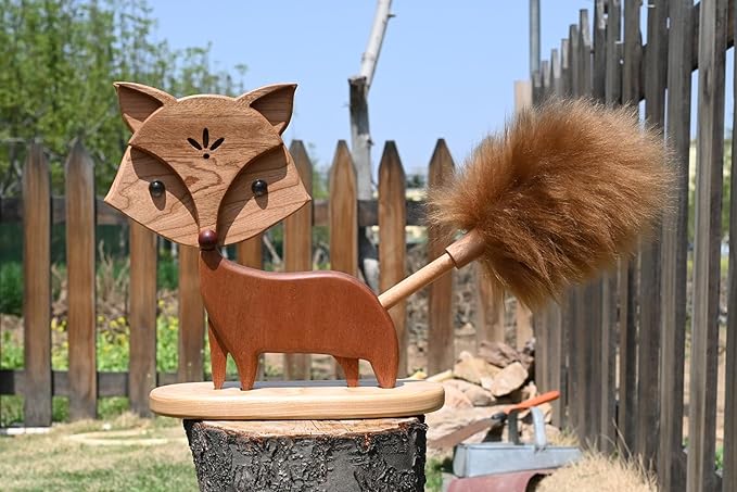 Cute Little Fox for Home Office Decor Small Wooden Feather Duster Lambswool Dusters for Cleaning with Decoration (Desktop Stand)