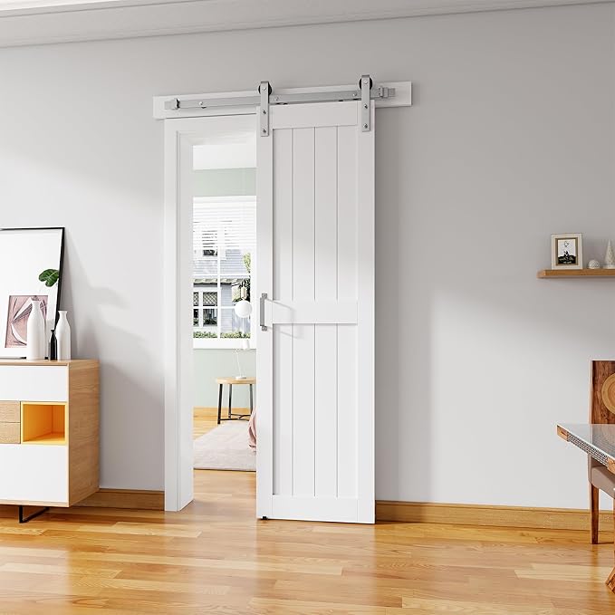 24''x84'' Sliding Barn Door with 5 Ft Brushed Nickel Hardware Kit& Handle& Floor Guides,Pre-Drilled Holes Easy Assembly - Include Installation Manual, Water-Proof PVC Surface, H-Frame