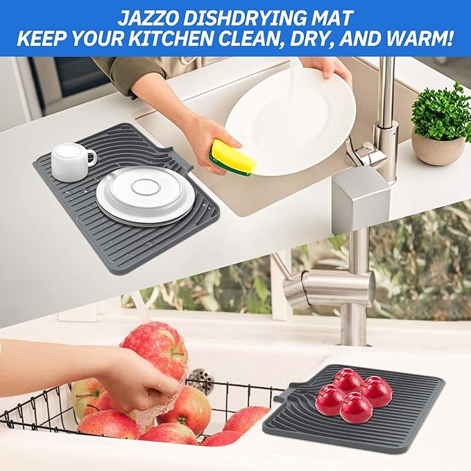 Compact Dish Drying Mat (14.7" x 10.2") - Small Silicone Drainer Mat with Spout for RV, Apartment, Kitchenette & Bar Counters, Heat Resistant