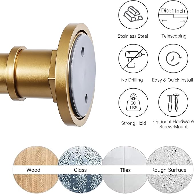 BRIOFOX Industrial Shower Curtain Rod - 2-in-1 Design Tension Curtain Rod - Rustproof Non-Slip 43 to 72 Inch Metal Steel, Frosted Gold Painted Window Curtain Rod