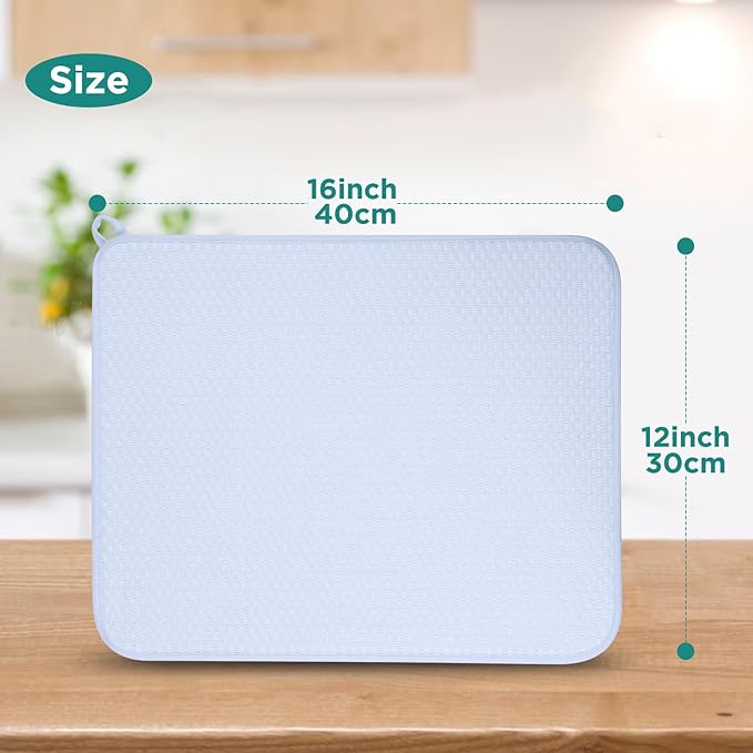 12 * 16 inch Microfiber Dish Drying Mat, Superb Absorbent Kitchen Dish Drying Pad, Reversible Drainboard for Countertop, Blue