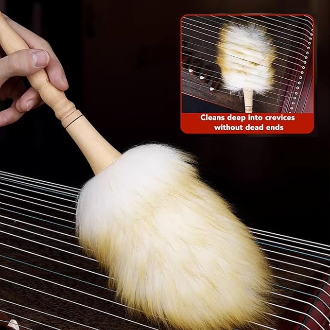 WALFRONT Soft Lambswool Duster Wood Handle Hanging Loop Anti Static Feather Brush for Home Office Car Musical Instrument Use with Wool Feather Duster (Long Handle)