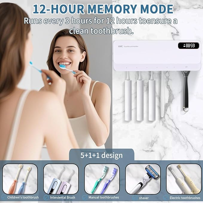 ZOZOO UV Toothbrush Sanitizeri Holder with 99.9% Cleaning,Air Dry,Heating,5+1+1 Slots,12 Hour Memory,Rechargeable Wall Mounted Strong Adhesive Toothbrush Holder with Cover for Bathroom(White)