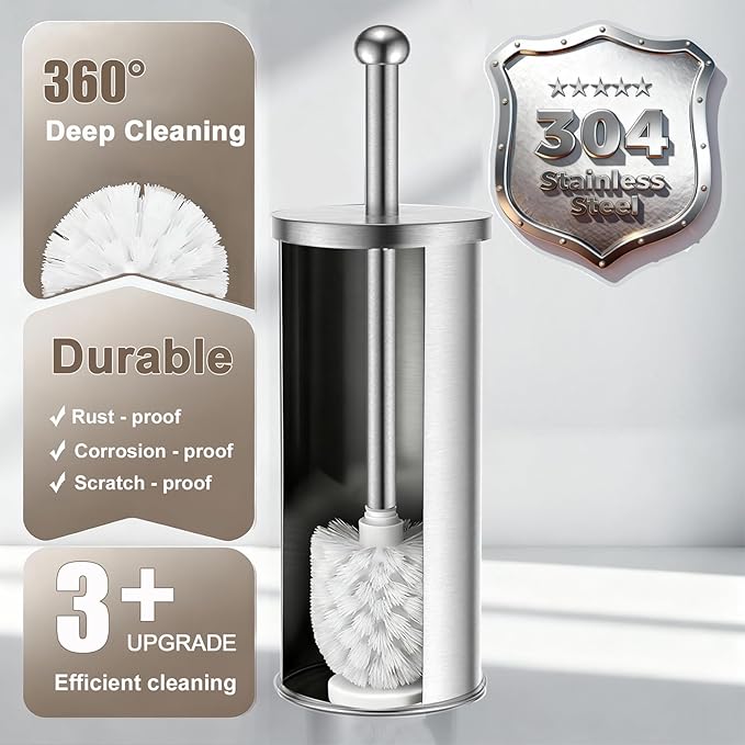 Toilet Brush and Holder Set: 304 Stainless Steel Toilet Bowl Brush for Bathroom Deep Cleaning,Removable Inner Bowl and Splash Protection,Compact and Durable (Silver)