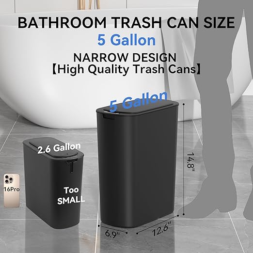 5 Gallon Bathroom Automatic Trash Can with Lid, Motion Sensor Touchless Trash Bin,Smart Electric Slim Waterproof Garbage Bin for Toilet, Office, Kitchen, Bedroom, Living Room (Black)