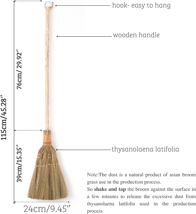 Vietnamese Straw Soft Broom for Cleaning with Long Handle Broom- Broom Decorative 9.45'' Width, 45.28" Length