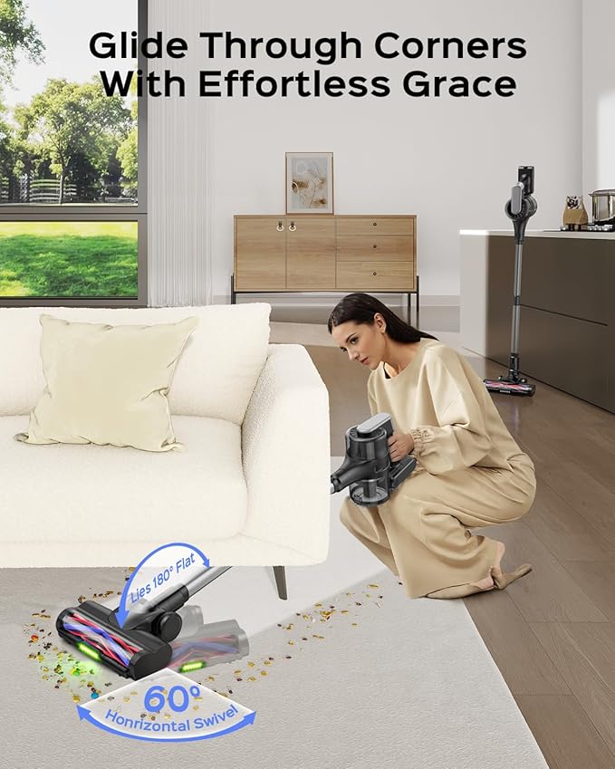 Cordless Stick Vacuum Cleaner – 3-in-1 Brush Roll for Hard Floors and Carpets, 55 Min Runtime Rechargeable Lightweight Vacuum with Green LED Headlight for Pet Hair and Dust Cleaning