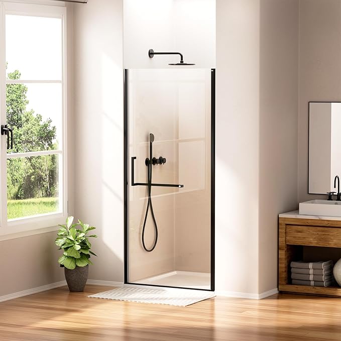 WinZo 33-34" W ×72" H Frameless Pivot Shower Door, Pivot Swing Shower Glass Doors with 1/4"(6mm) SGCC Clear Tempered Glass,Explosion-Proof Film, Reversible Installation, Matte Black