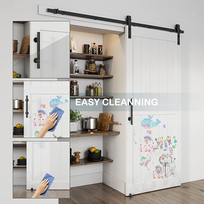 38''x84'' Sliding Barn Door with 6.6 Ft Barn Door Hardware Kit& Handle& Floor Guides,Pre-Drilled Holes Easy Assembly - Include Installation Manual, Water-Proof PVC Surface, H-Frame, White