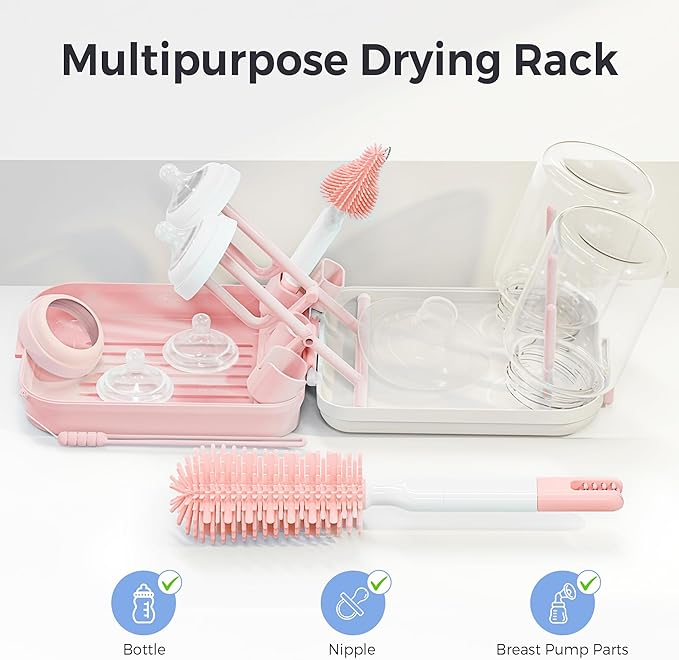 Baby Bottle Brush Set,8 in 1 Magnetic Design Cleaner Bottle Brush Kit with Silicone Brush,Drying Rack for Baby Bottle, Breast Pumps,Nipples - Home&Travel Gift for New Parents