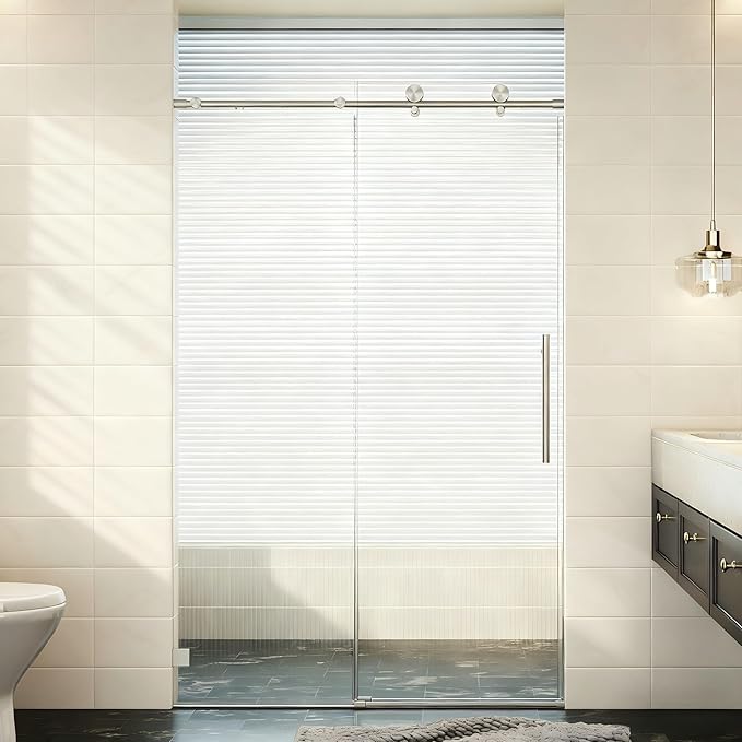 46-48" W x 76" H Frameless Sliding Shower Door, Bathroom Soft-Close Shower Glass Doors with 5/16" (8mm) SGCC Tempered Glass and Stainless Steel Hardware, Reversible Installation, Brushed Nickel