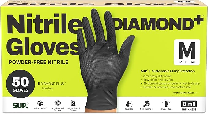 SUPER+ HEAVY DUTY Nitrile Gloves 8 Mil Diamond Texture Disposable Chemical Resistant Powder &Latex Free Food Safe Black 50 Ct