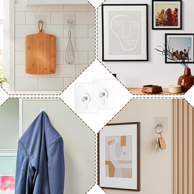 20Pcs Heavy Duty Self Adhesive Hooks, No-Trace Sticker Frame Hangers Without Nails for Mount Wall Shelf, Transparent Self Adhesive Shower Hooks for Keys, Bathroom, Shower, Outdoor