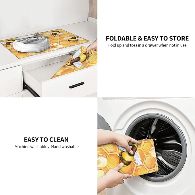 Bee Dish Drying Mat For Kitchen Counter Absorbent Large Kitchen Fast Dry Pad Reusable Washable Protector Rack Large Mat 18 X 24