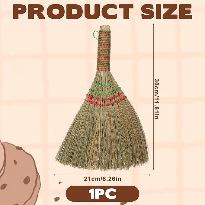 12 Inch Whisk Broom Hand Held, Corn Broom Straw Hand Brooms Handmade Short Handle with Hanger for Indoor & Outdoor Use