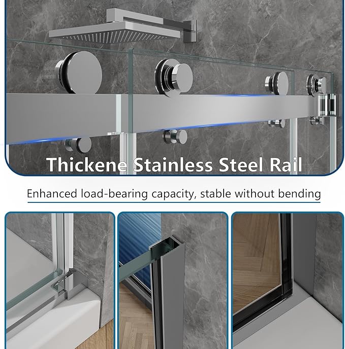 60x76 in Frameless Double Sliding Shower Door with 32x76 in Side Panel, Nano Glass, 304 Stainless Steel in Bright Chrome, L-Shape Design, Reversible Install