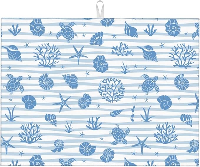 Beach Dish Drying Mat, for Summer Kitchen Counter Microfiber Absorbent, Ocean Sea Dish Draining Mat Extra Large 18"x24"