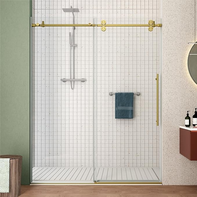 Sunrosa Frameless Shower Door, 51-55" W x 76" H Sliding Shower Door with Handle, Glass Shower Door with 5/16" (8mm) Clear SGCC Tempered Glass, Brushed Gold