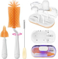 Bottle Brush Set,Travel Bottle Cleaner Kit with Baby Bottle Brush,UV Light,Straw Brush,Nipple Brush,Bottle Drying Rack for Home and Travel(Orange,Box-Shaped)
