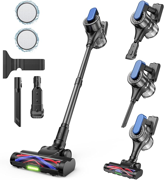 Cordless Stick Vacuum Cleaner – 3-in-1 Brush Roll for Hard Floors and Carpets, 55 Min Runtime Rechargeable Lightweight Vacuum with Green LED Headlight for Pet Hair and Dust Cleaning