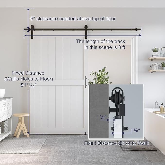 SmartStandard 48 x 80 inch White Sliding MDF Barn Door with 8FT Black Sliding Door Hardware Kit & Handle, Pre-Drilled Ready to Assemble, Waterproof PVC Coating, H-Frame