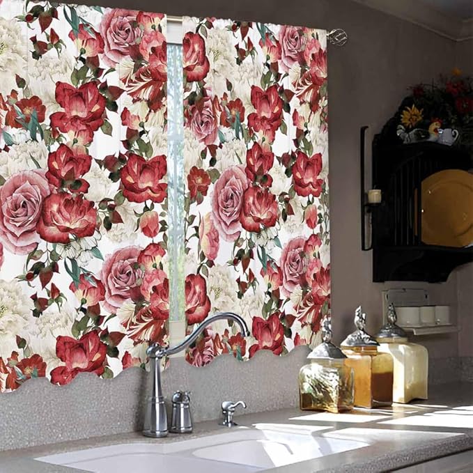 Vintage Floral Kitchen Curtains Red Pink White Peony Roses Bouquet Short Tier Curtains for Bathroom Cafe Small Window Drapes Treatment 2 Panels (27.5x39 Inch)