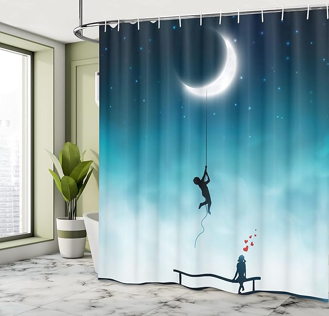 Ambesonne Fantasy Shower Curtain, Characters Climbing to The Moon and Sitting on Bench Love Romance Themed Art, Cloth Fabric Bathroom Decor Set with Hooks, 69" W x 84" L, White and Teal