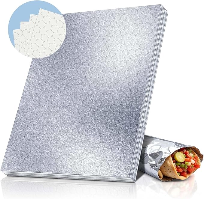 ANGEL’S PEEL LOUNGE Heavy Duty Aluminum Foil Sheets — Precut Tinfoil Wraps For Burritos, Sandwiches, Burgers, Hot Dogs, Grease-Resistant, Heat Insulating Wrapping Paper, 10.75inx14in 100-PCS