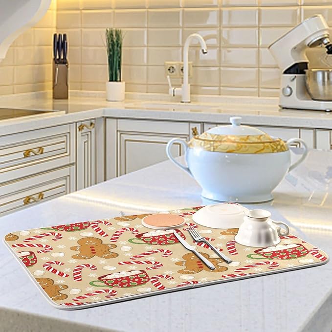 Christmas Gingerbread Man Candy Cane Dish Drying Mat for Kitchen Winter Snow Snowflake Snowman Xmas Microfiber Drying Mats Absorbent Reversible Dish Pad Large Dish Draining Mat 18x24 inch
