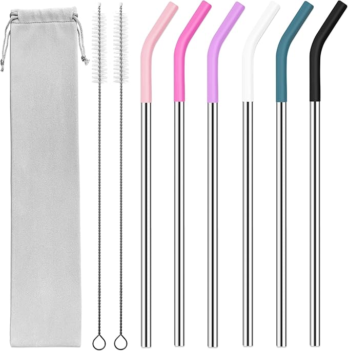 20 oz Stainless Metal Straws for 20 oz Stanley Tumbler, 6Pcs Reusable Straight Long Steel Straws with 12 Silicone Tips and 2 Straw Cleaning Brushes (6Color2, 20oz)