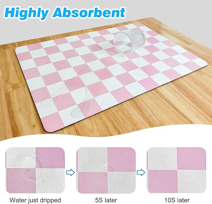 Checkered Dish Drying Mat for Kitchen Counter, Absorbent Non-Slip Coffee Mat, Heat Resistant Mat for Countertops Coffee Bar Decor 12" x 20" Pink