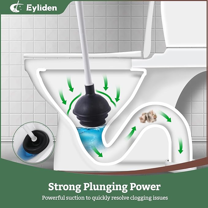 Eyliden Disposable Toilet Brush and Plunger Combo | 2-in-1 Toilet Bowl Wand Kit - 10 Count Pre-Soaked Refill Heads, 3-Step Plunger, Storage Holder - Compact Toilet Cleaning System (White)