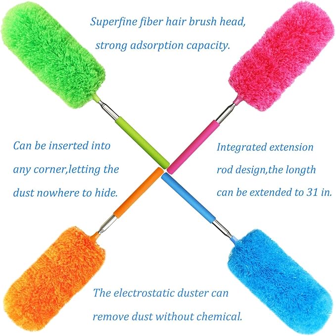 4 Pcs Washable Microfiber Feather Duster, with Extendable Pole and Bendable Head, Microfibre Cleaning Tool for Cleaning Office, Car, Computer, Furniture, Sofa